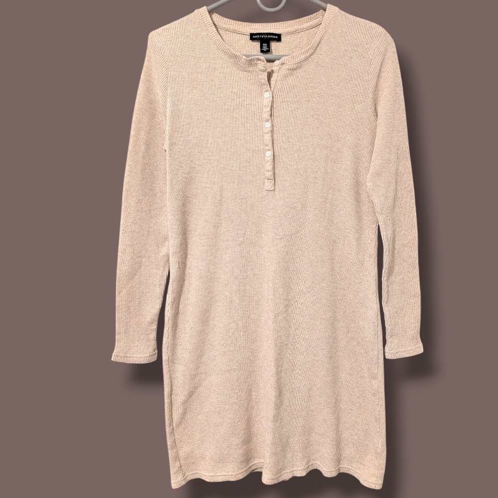 Saks Fifth Avenue Cream Beige 100% Cotton Waffle Knit Henley Mini Dress M